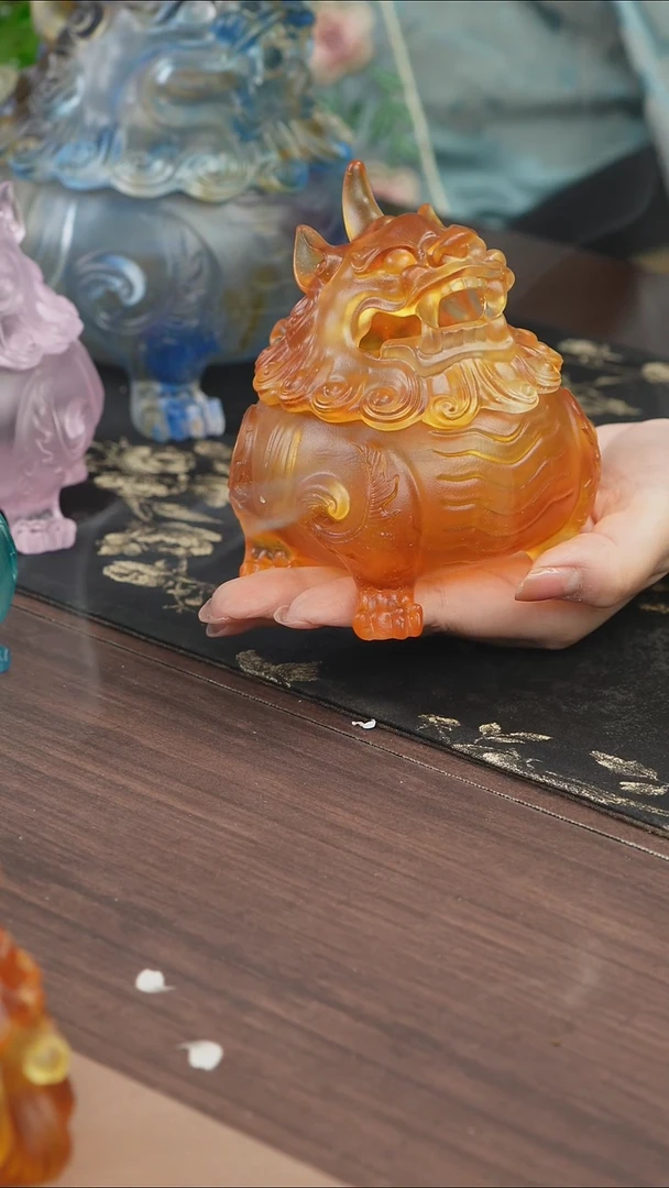 手工艺品琉璃黄色狻猊香炉中号