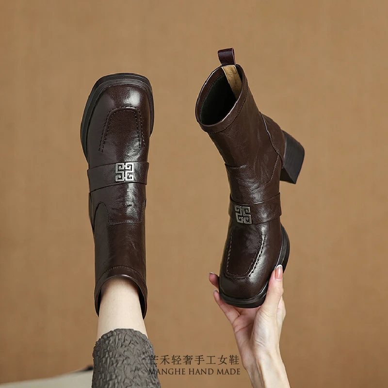 国风5.5cm|头层羊皮弹力靴瘦瘦靴方头粗跟短靴女秋冬复古女靴子