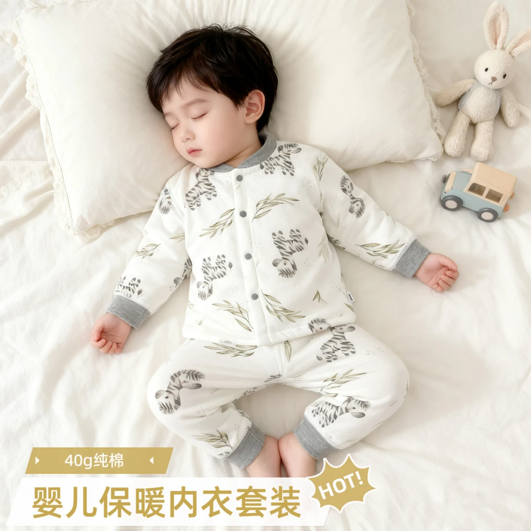 婴儿秋冬薄棉内衣套装新生儿分体男宝女宝保暖棉服洋气印花两件套