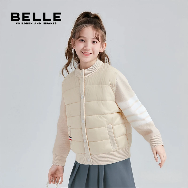 百丽儿童2025秋冬新款针织羽绒服休闲风拼接款轻薄保暖羽绒外套