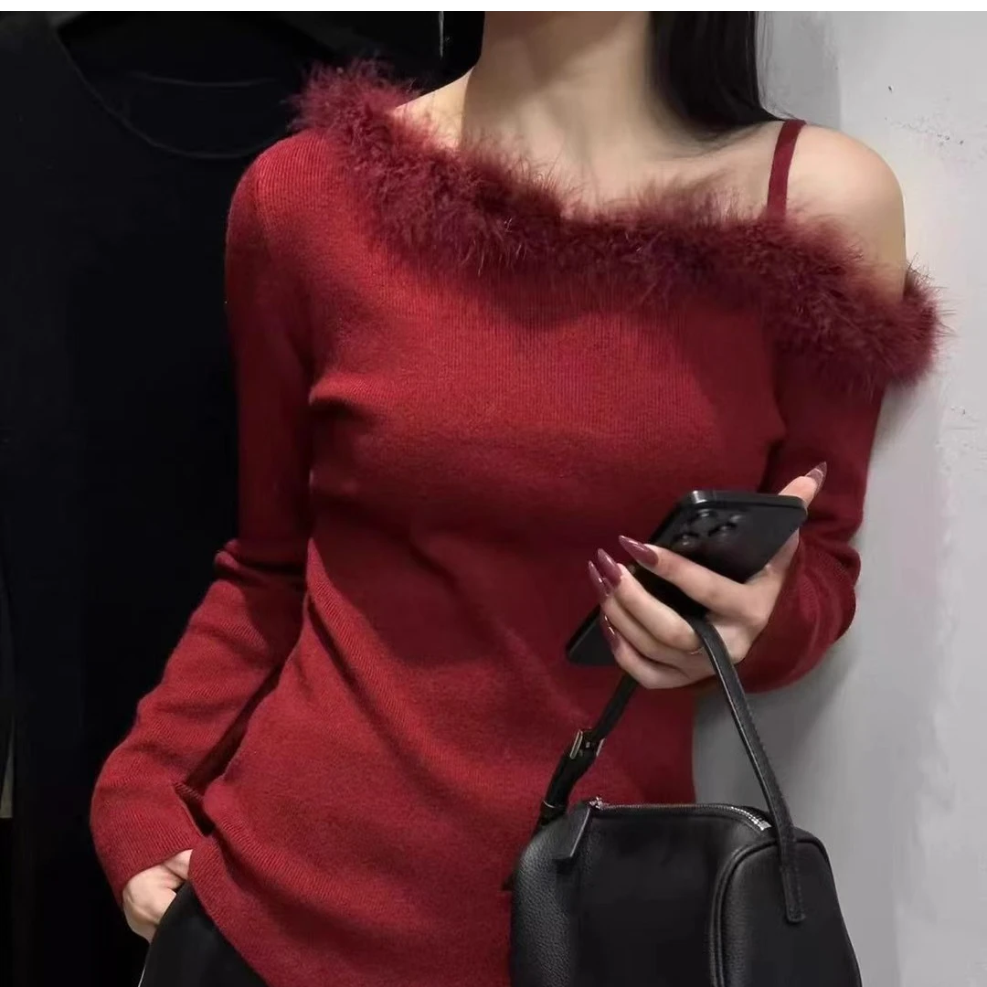 【团团女装】微胖大码女装法式长袖女红色纯色毛衫百搭套装