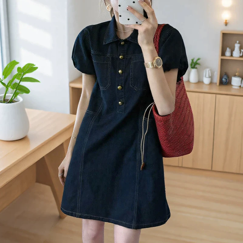 哥弟阿玛施正品2025夏季新款休闲宽松显瘦中短裙牛仔短袖连衣裙女
