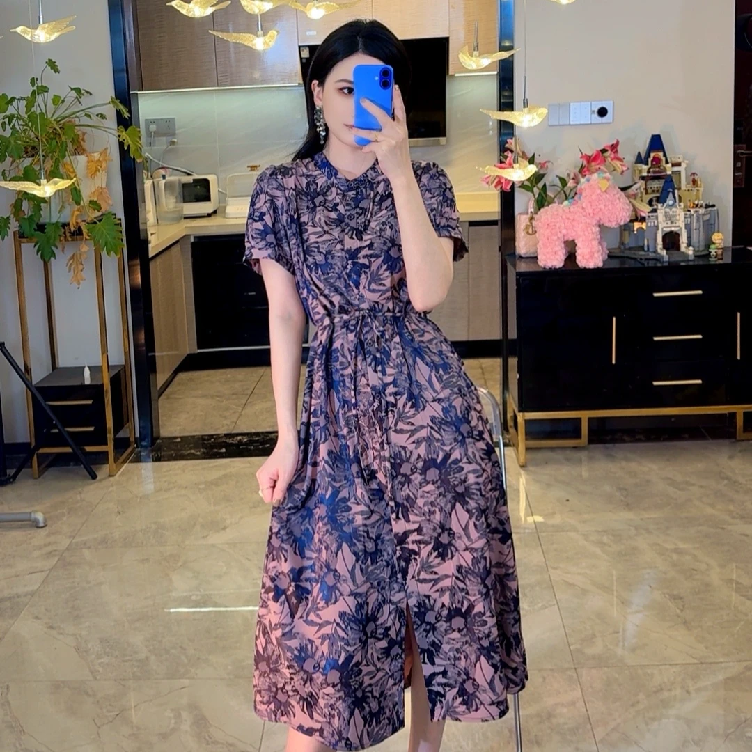 776时尚印花缎面紫色女人味连衣裙2025春夏新款中长款显瘦气质裙