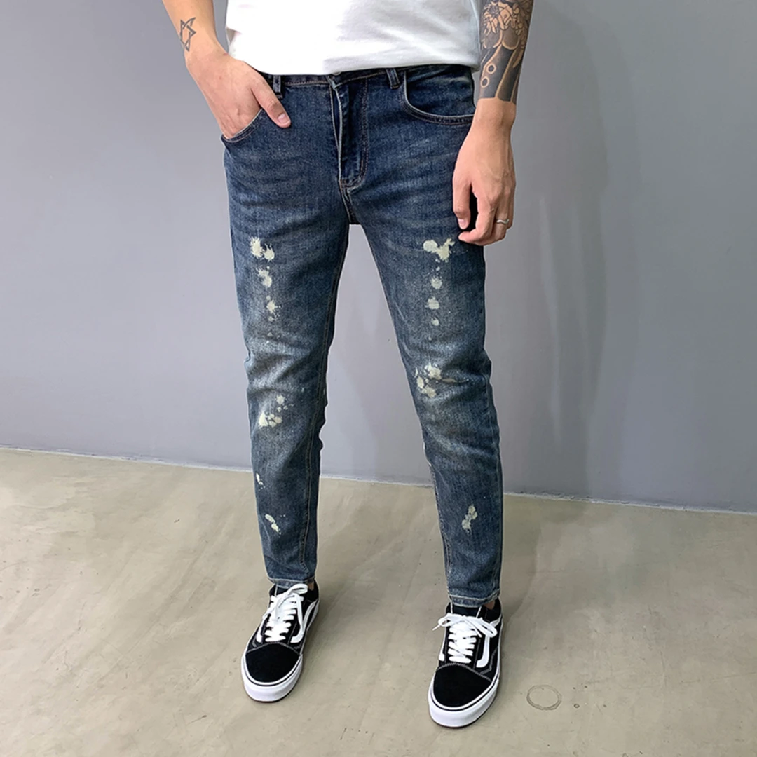 复古蓝色牛仔裤男士韩版修身百搭时尚泼漆2025新款潮流小脚长裤