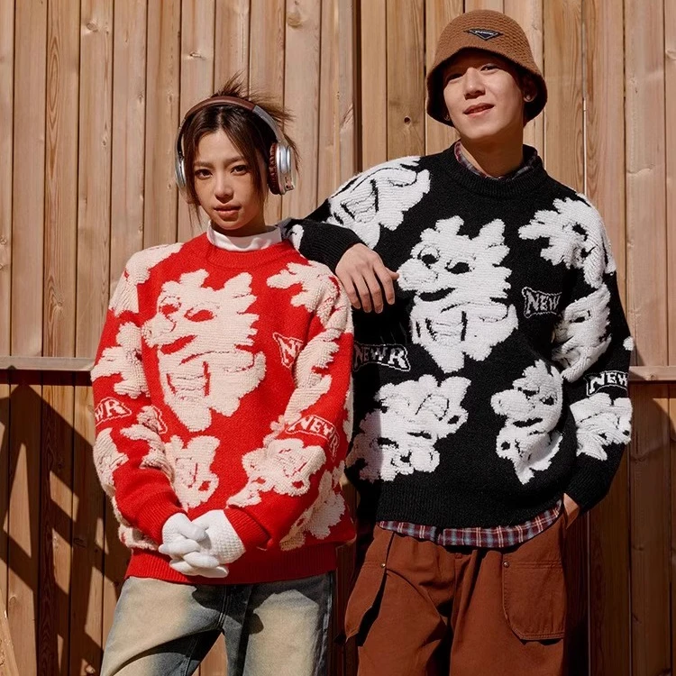 新年红色毛衣男青少年跨年春节提花针织上衣加厚毛衣针织衫男慵懒