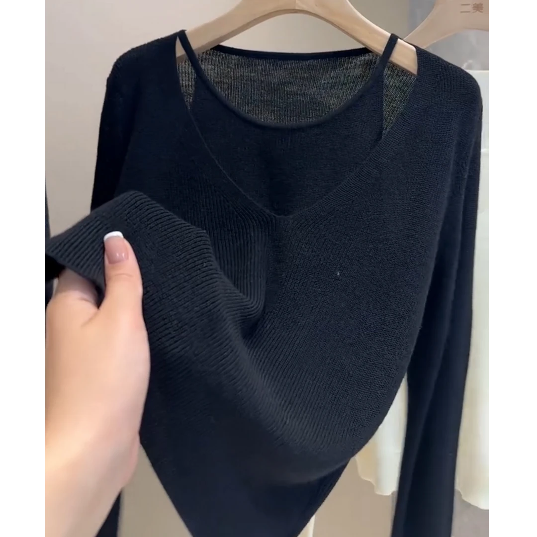 2025秋季新款显瘦百搭假两件简约风针织衫女大码遮肉镂空纯色上衣