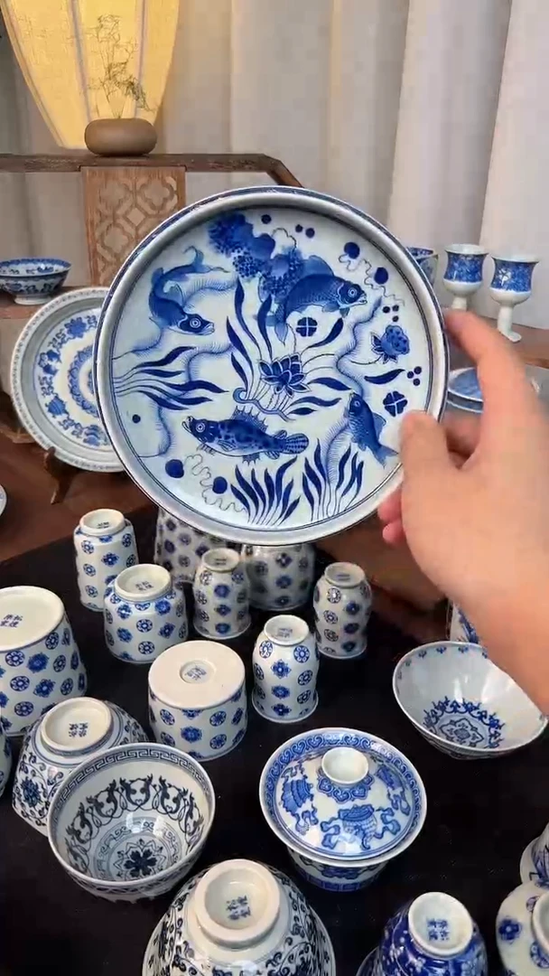 盖碗陶仿清鱼藻壶承