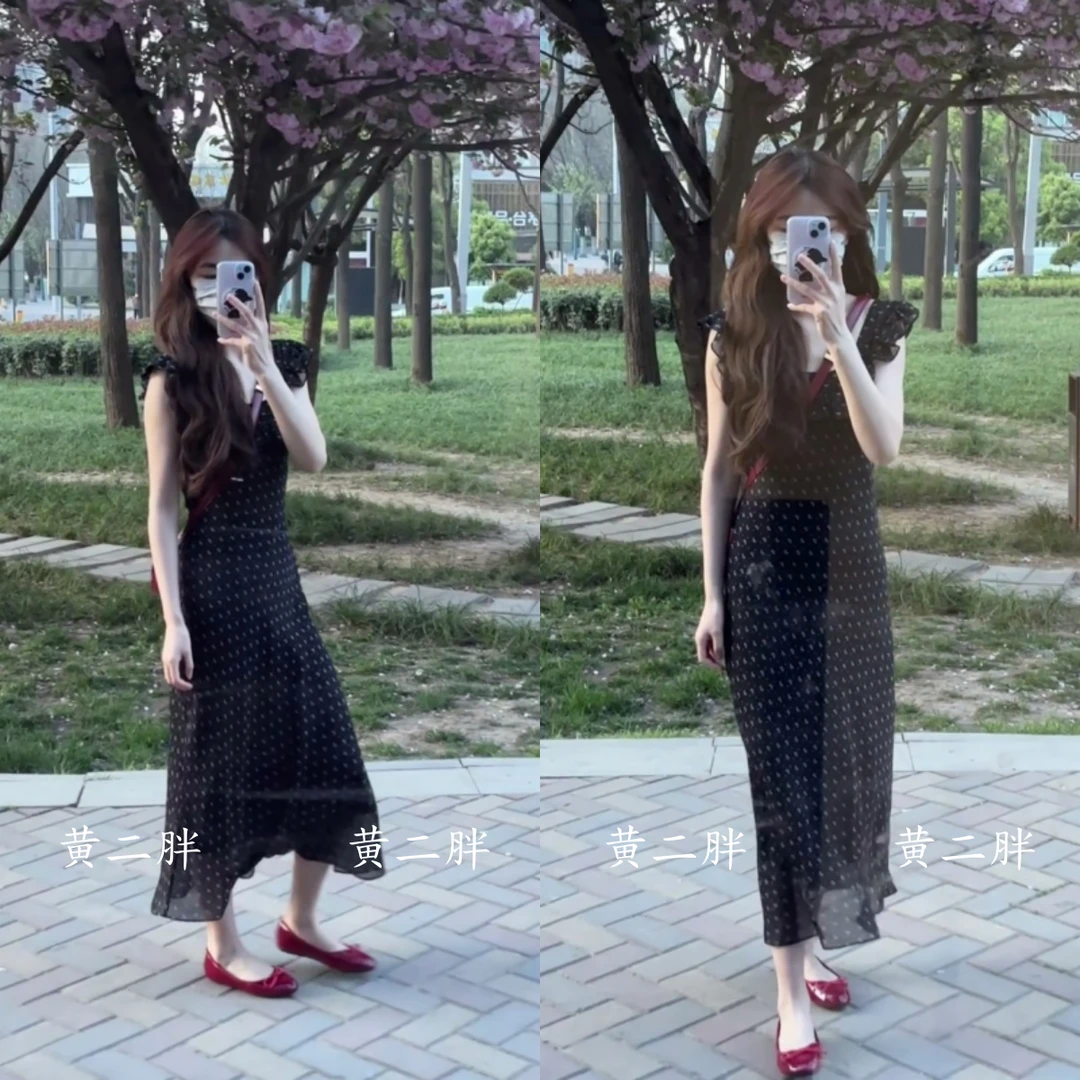 小飞袖波点连衣裙女法式茶歇收腰包臀长裙子2025夏季新款