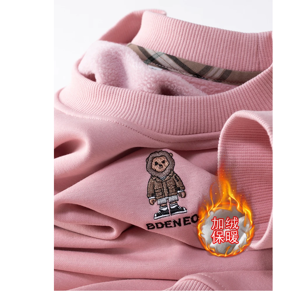 保登皮兹时尚刺绣加绒加厚圆领卫衣男长袖冬季休闲保暖上衣打底衫