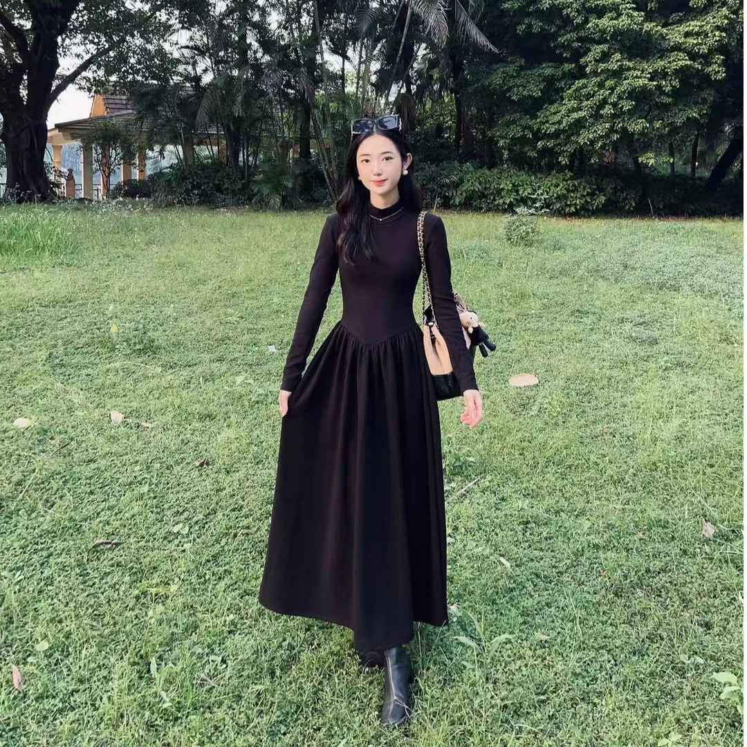 【德绒款】半高领设计感连衣裙长裙大摆裙显瘦气质长裙