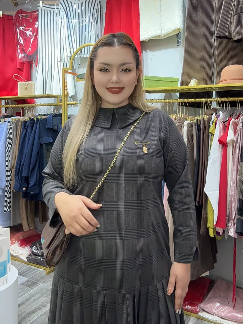 【商场同款】茵曼休闲女新款格纹学院娃娃翻领百褶连衣裙