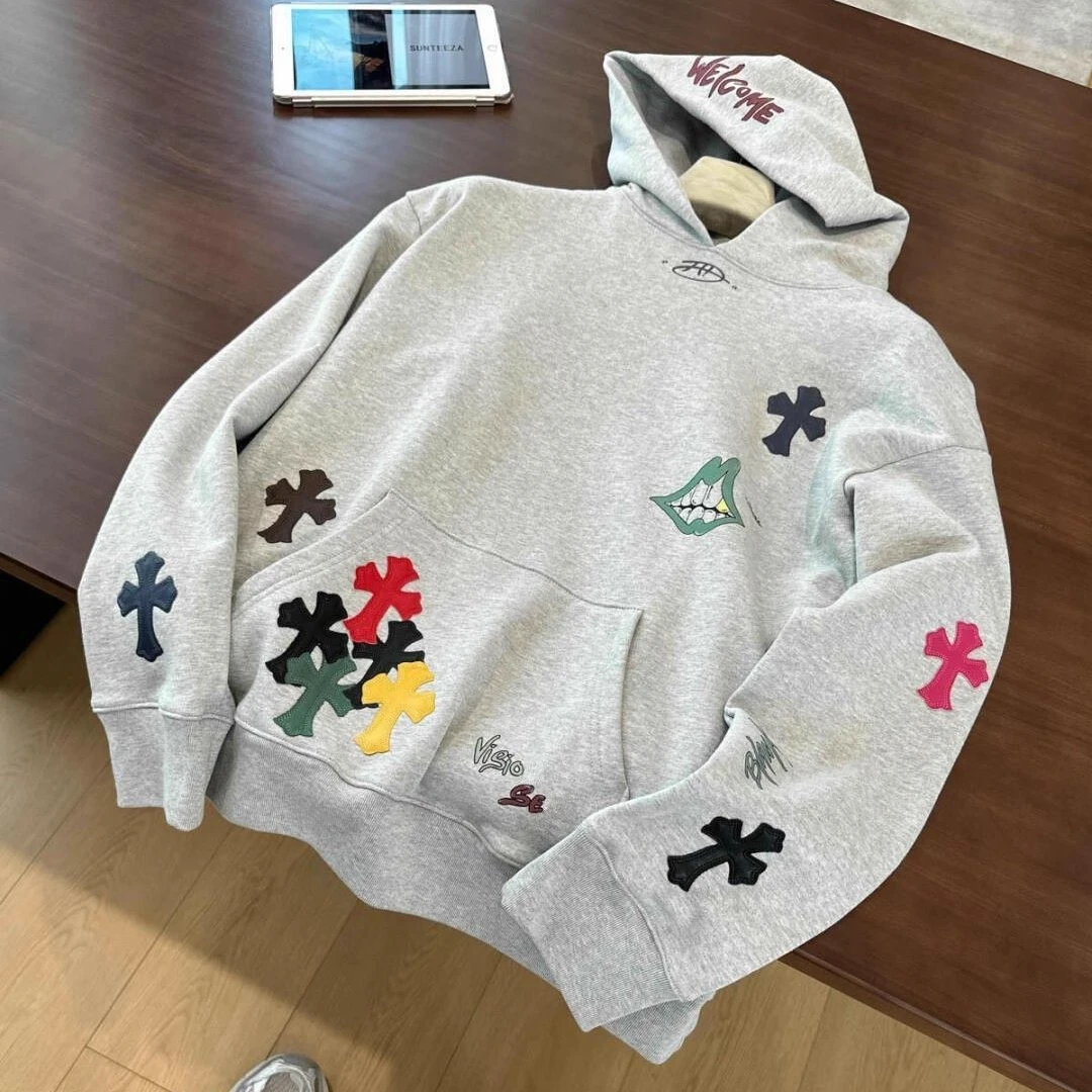 美式彩色十字架创意刺绣卫衣连帽男女特大码300斤早秋季情侣上衣