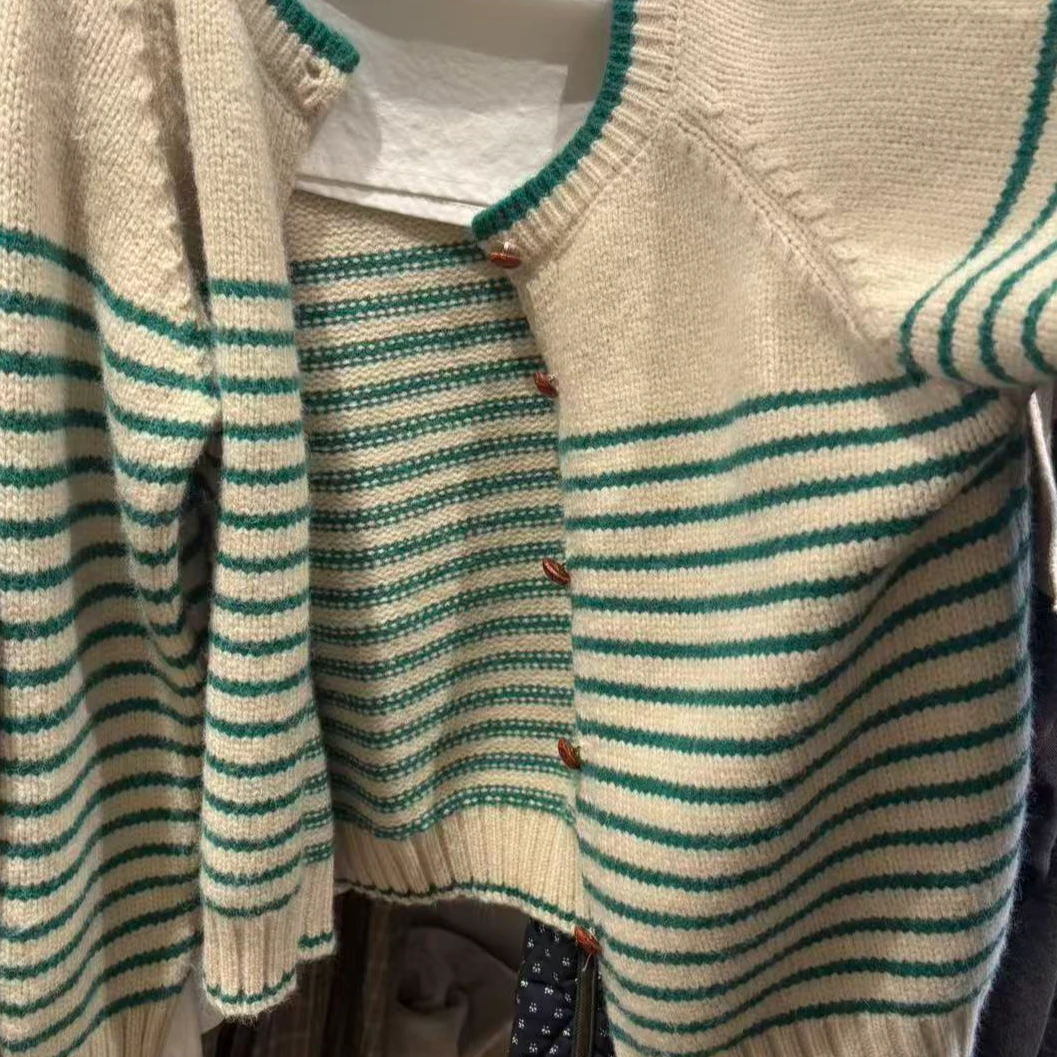 ［小小布］no退换-东大门正品l5e绿色条纹毛衣外套