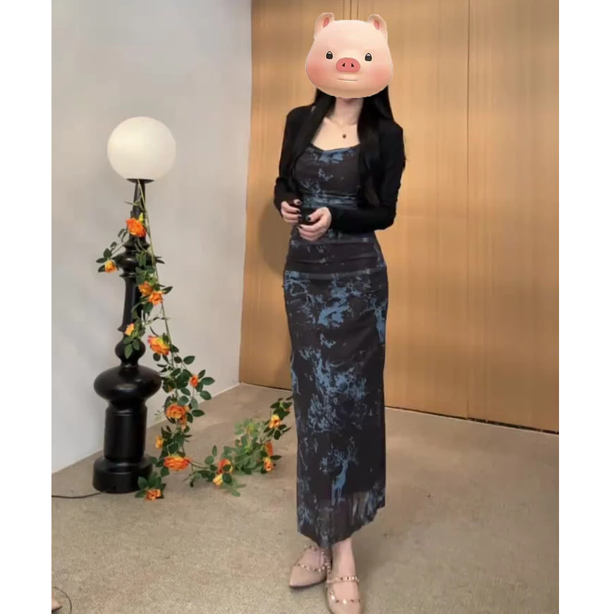 2025新款高级感墨染复古修身连衣裙开叉包臀新款吊带长裙3148#