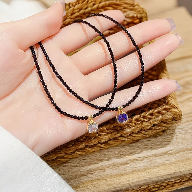 仿水晶项链超仙小众设计感轻奢黑色仿水晶项链名媛风时尚气质颈链