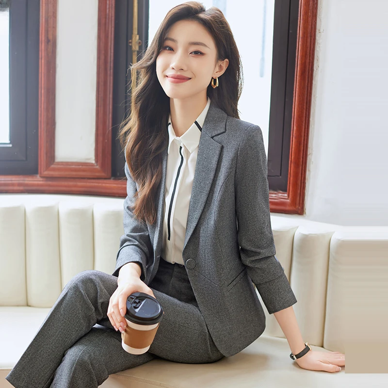 灰色西装套装女2025新款春秋职业装大学生面试正装西服外套工作服