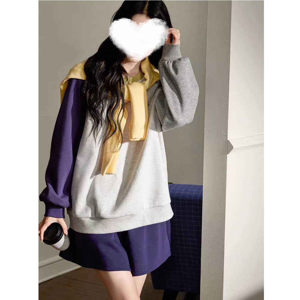 冬季新款加绒宽松拼接长袖圆领卫衣女显瘦百搭奥粒绒上衣7019