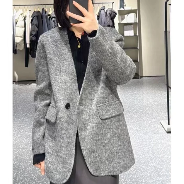 毛呢-4EA170901韩版V领时尚短款大衣