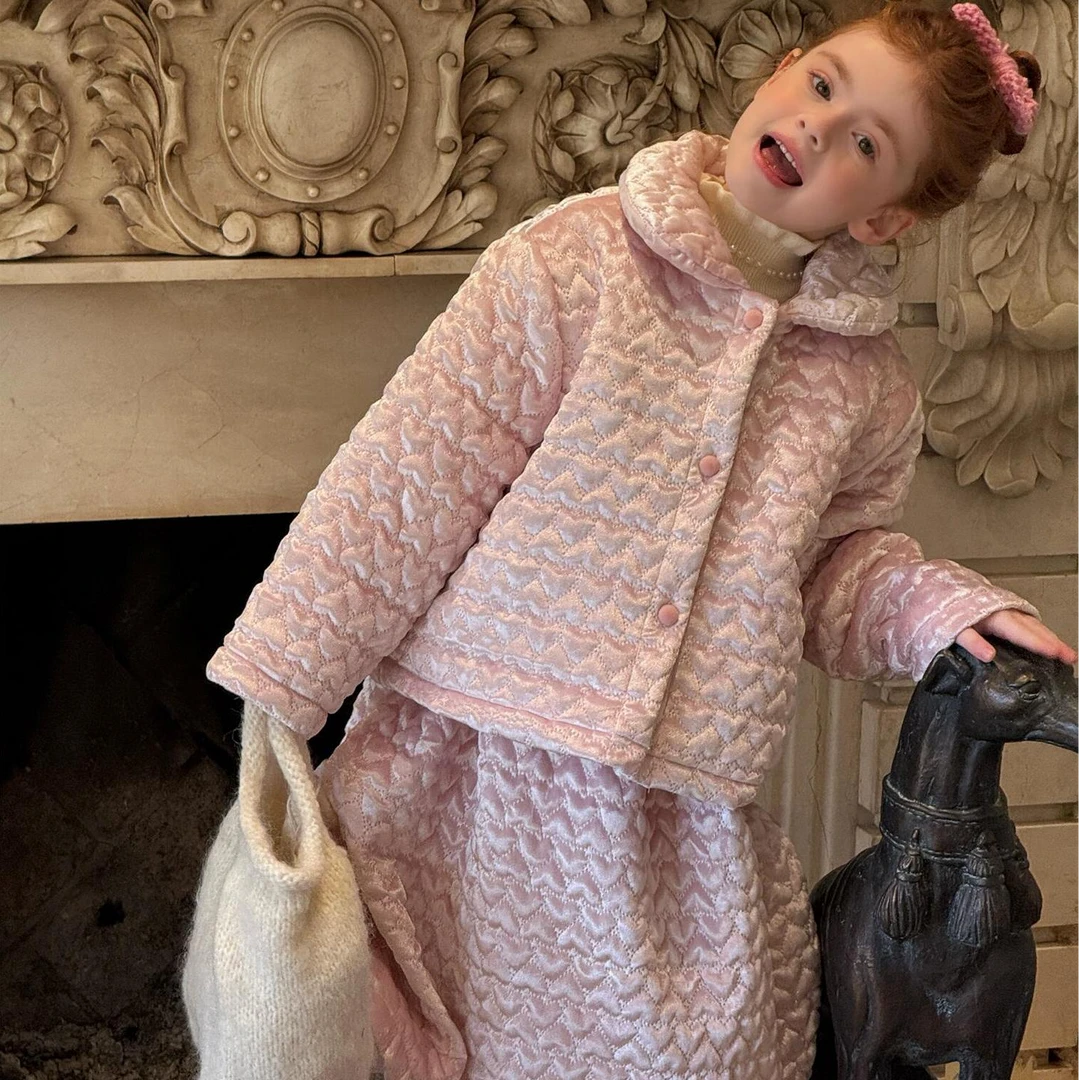 ab.baby韩系童装冬季女童套装粉色丝绒加棉保暖半裙两件套洋气