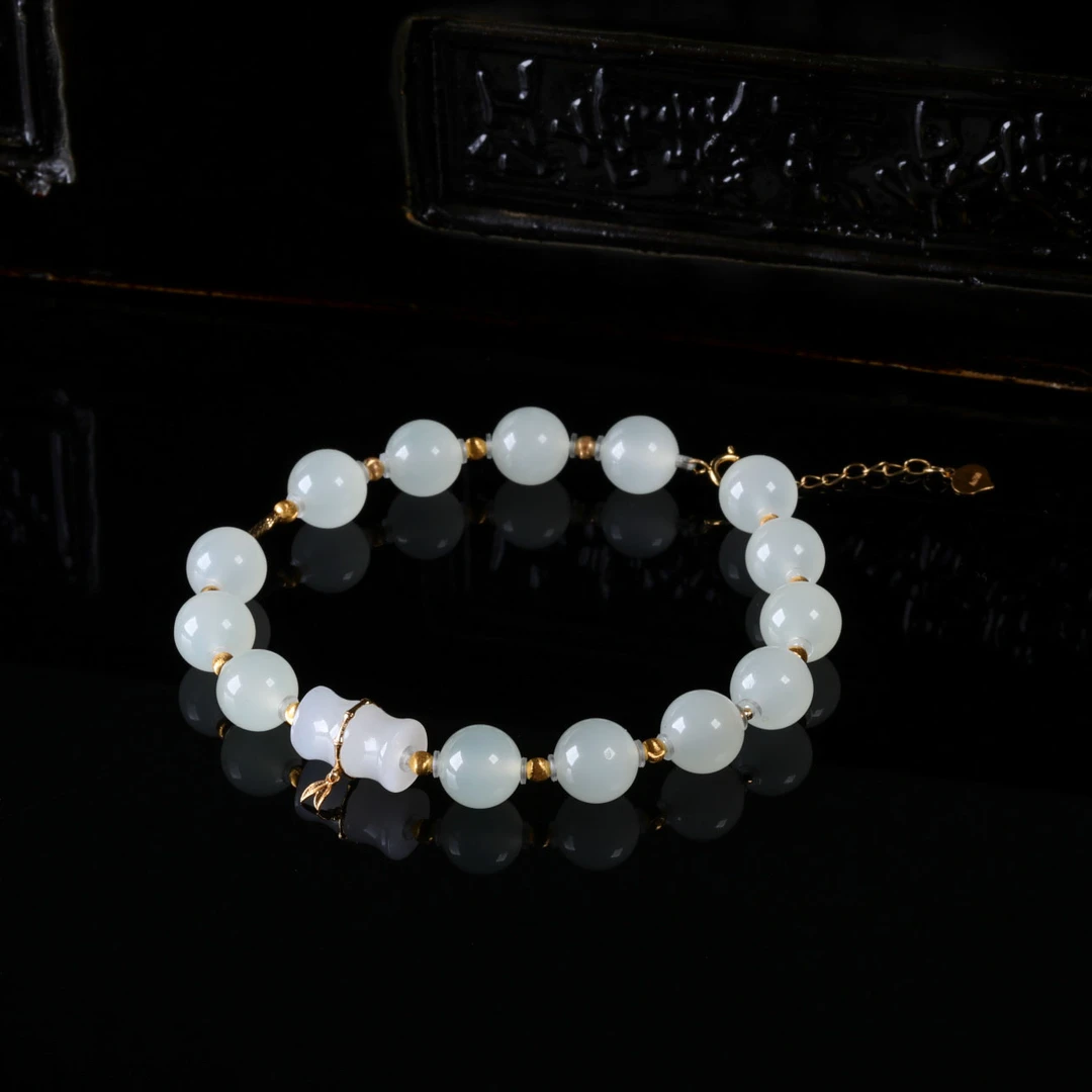 【意婵】《竹影》典藏级高冰和田玉羊脂白玉单圈手链18k金-913272