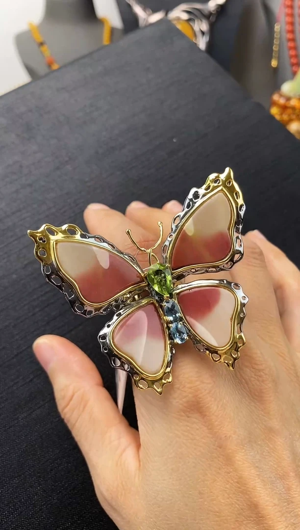 银无设计师时尚蝴蝶戒指吊坠胸针三用款