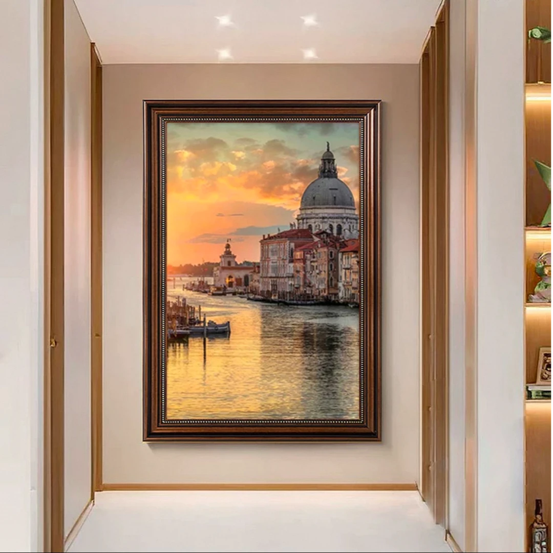 B美式建筑入户玄关装饰画客厅餐厅复古油画布壁画走廊风景5070