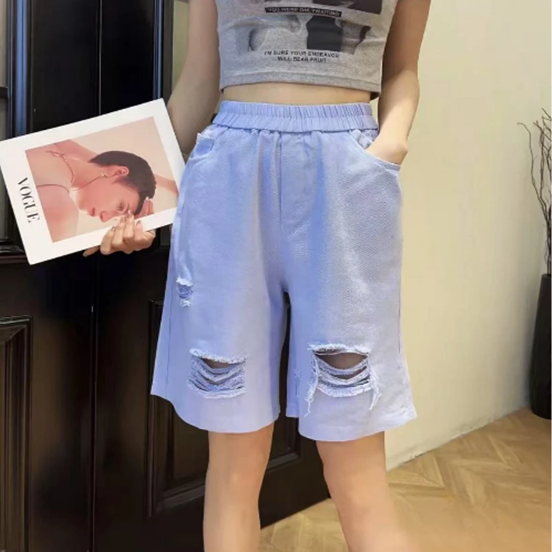 【冯七七】夏季新款彩色时尚破洞五分牛仔裤