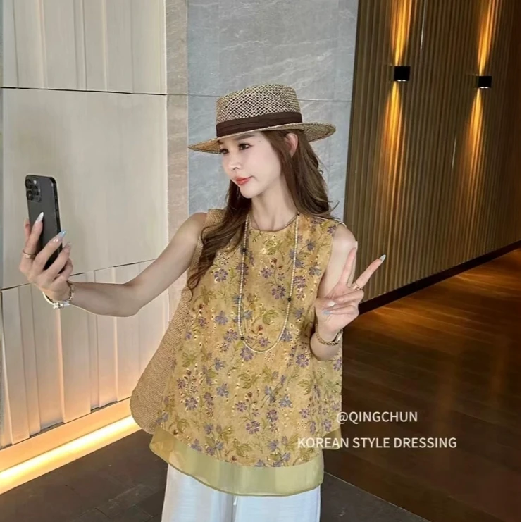 正版【兔子窑】卿柒家新中式复古提花兔子套头无袖衬衣百搭上衣小A