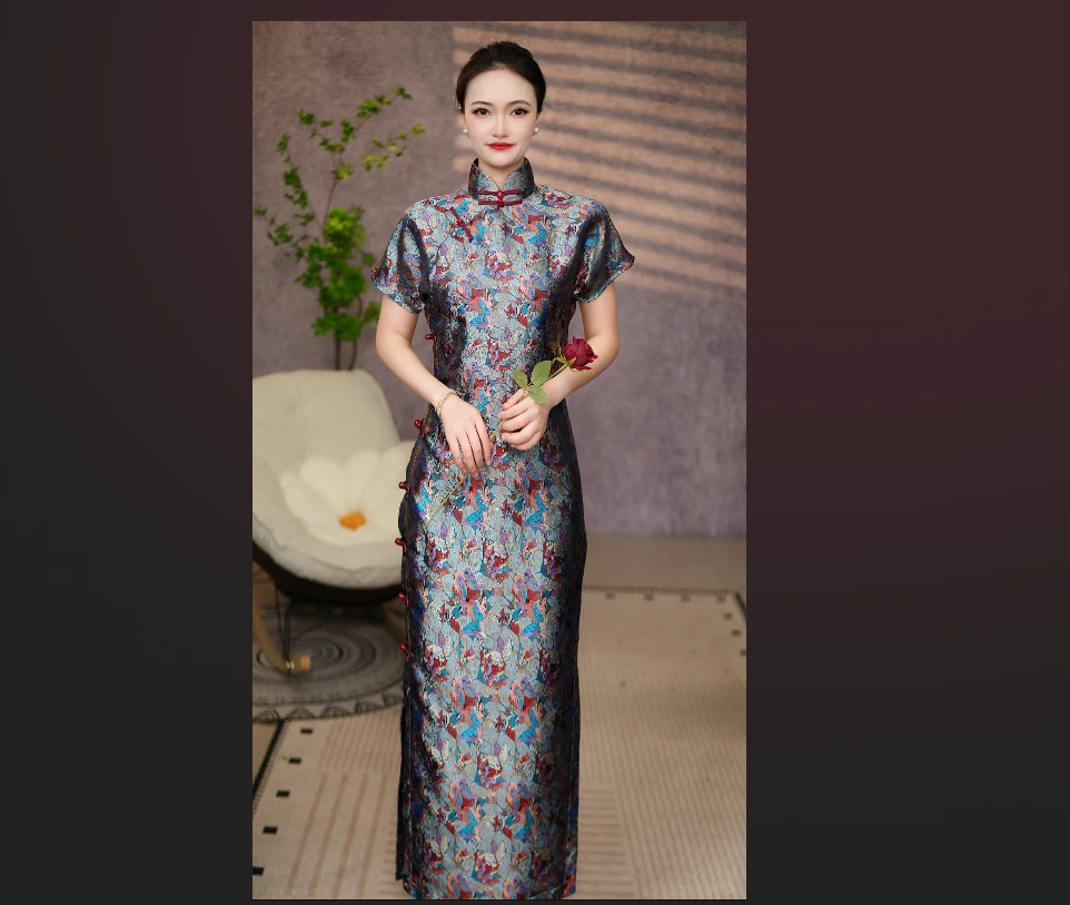 全开襟织锦工艺蝴蝶款旗袍气质刺绣修身短袖显瘦花色中国风