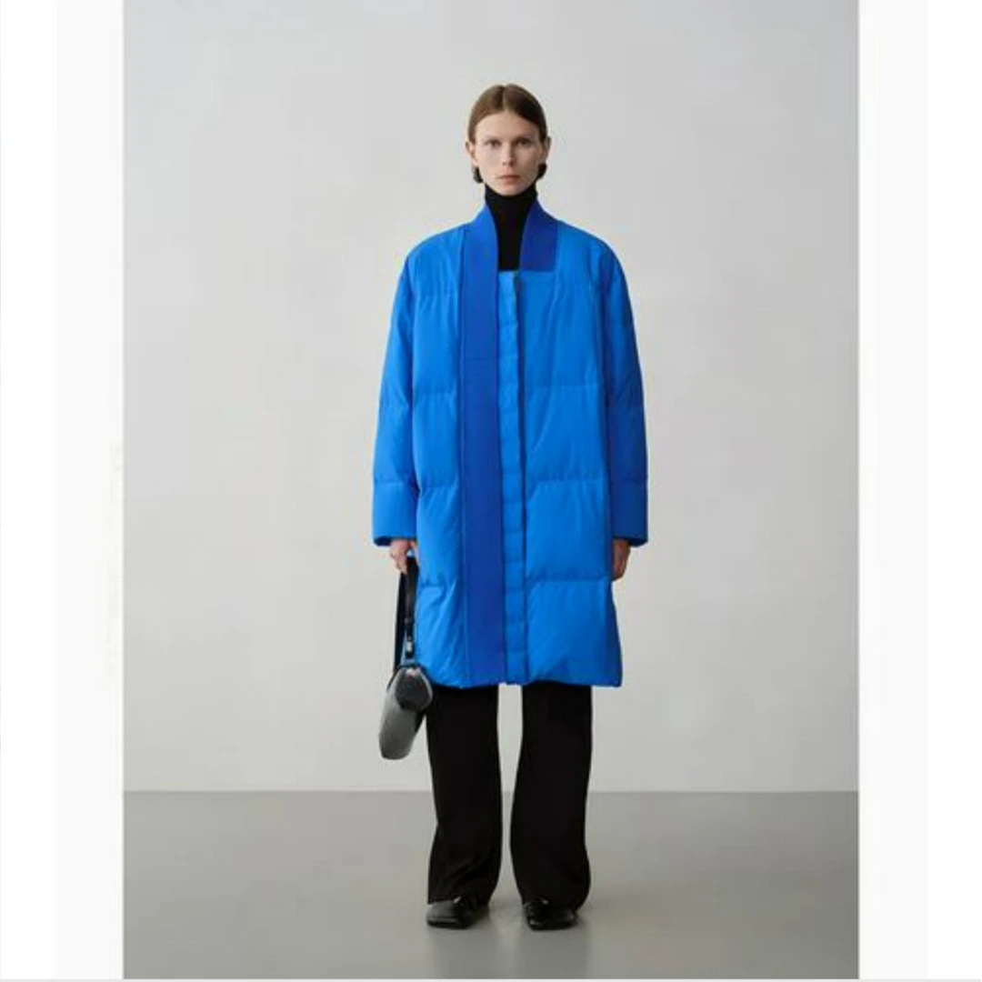 中长款休闲长袖保暖直筒型纯色V领防寒蓝色防风羽绒服T1EG4735Y