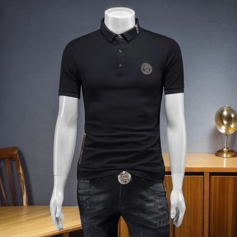 维斯克纳时尚休闲男士潮流刺绣修身翻领半截袖T恤商务正装体恤衫