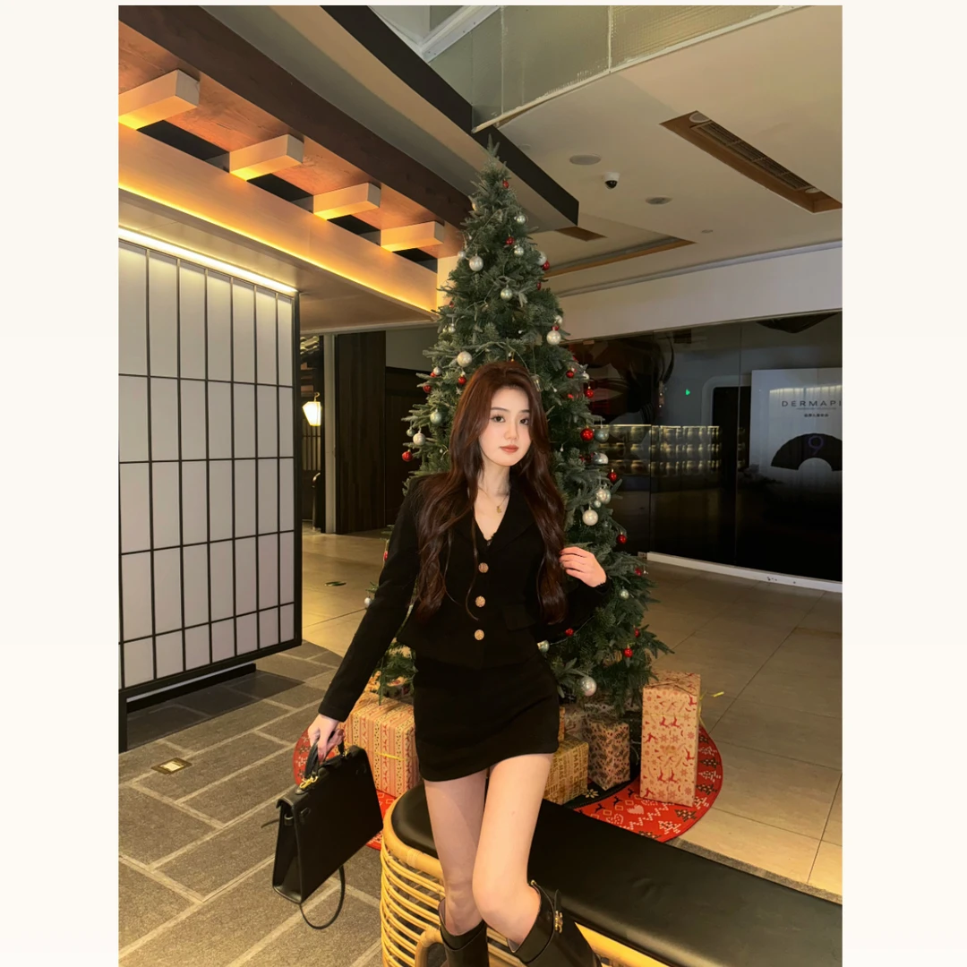 SELLE黑色赫本风高级感小香风西装短外套+短裙套装两件套56009