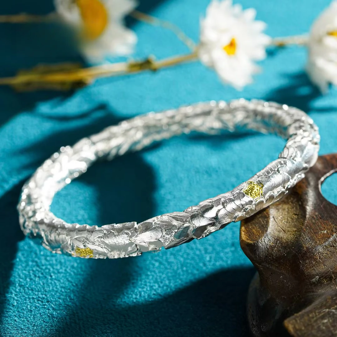 中国珠宝 足银手镯 999五朵牡丹中式国风精雕錾刻开口实心手镯