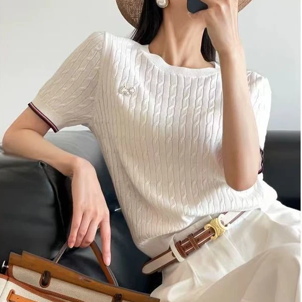 62957【来自艾米精品】小狗撞色圆领针织休闲百搭T恤