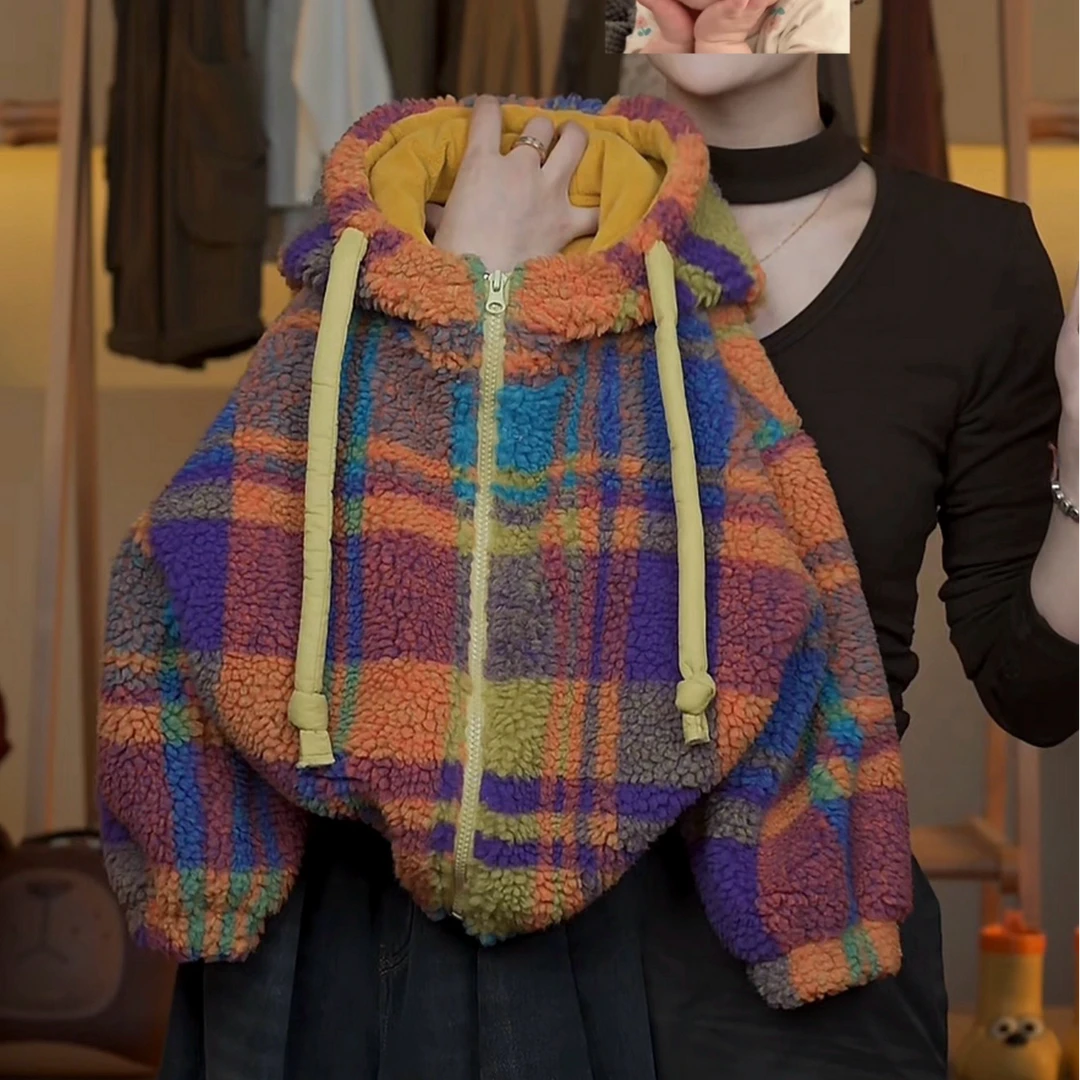 【小首尔】冬装男女童韩系加绒加厚保暖彩色格子连帽厚外套HBB8507