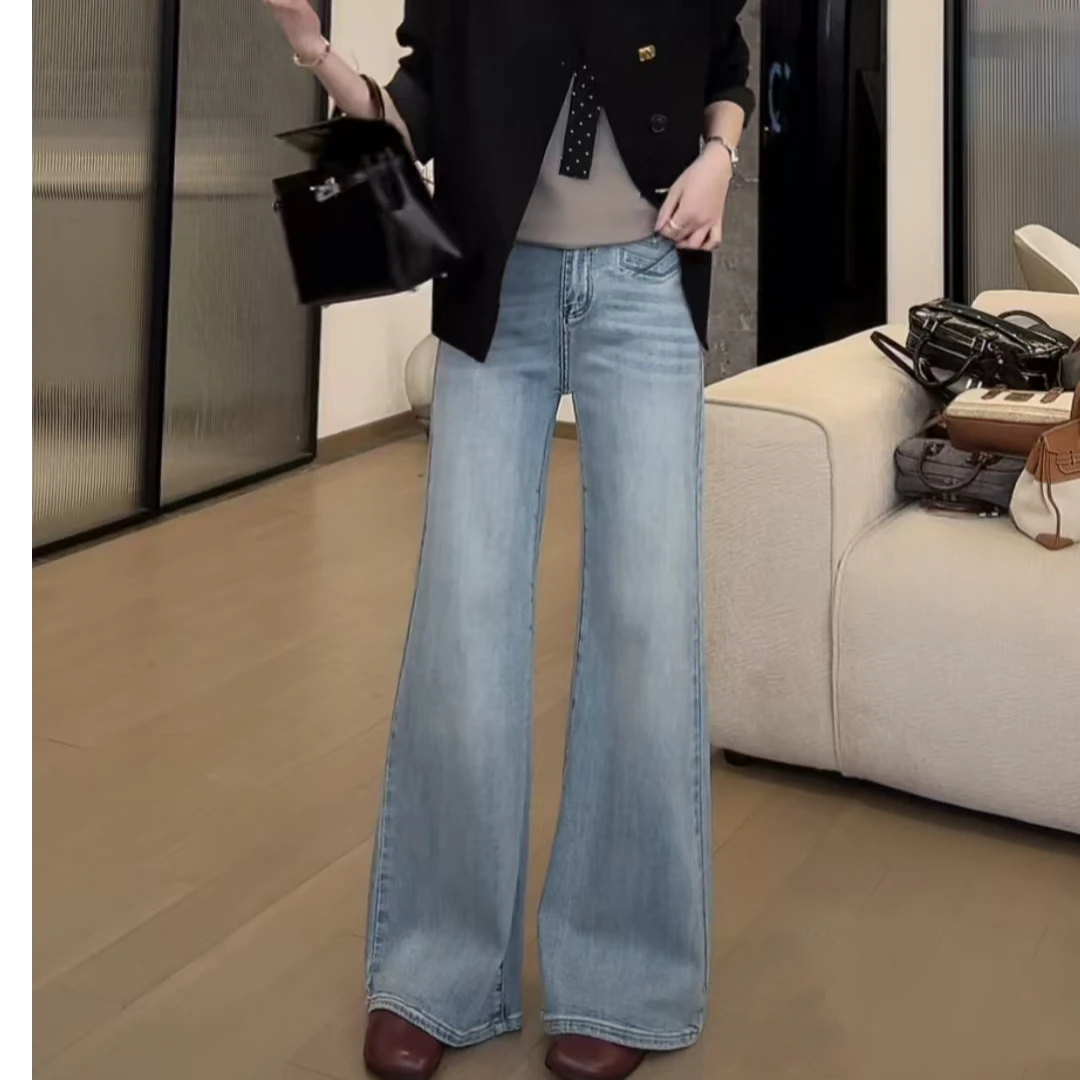 欧尼私服 小众设计款牛仔阔腿微喇裤2502C416