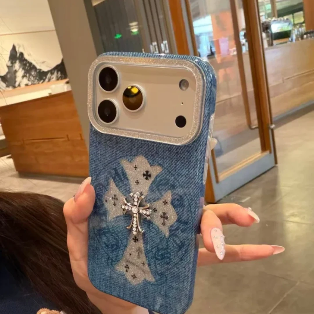 潮酷牛仔蓝克罗心十字架适用于苹果17ProMax手机壳保护套16pro/15