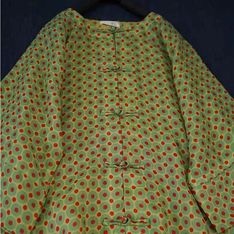 静家纯苎麻 咖染黄红波点圆领中长款对襟盘扣单层茶服