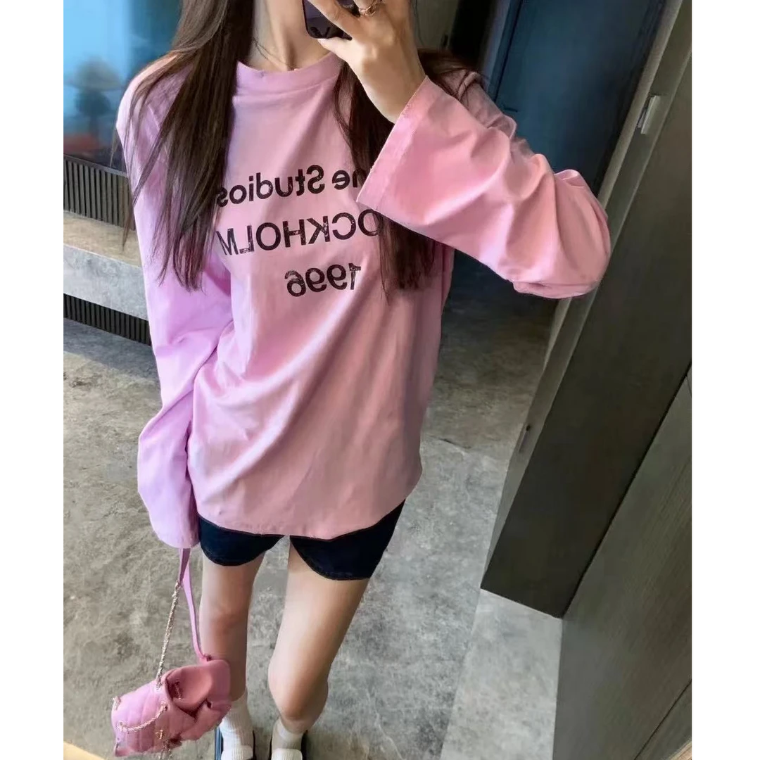 美式复古粉色字母印花长袖t恤防晒罩衫女夏季外搭宽松上衣空调衫