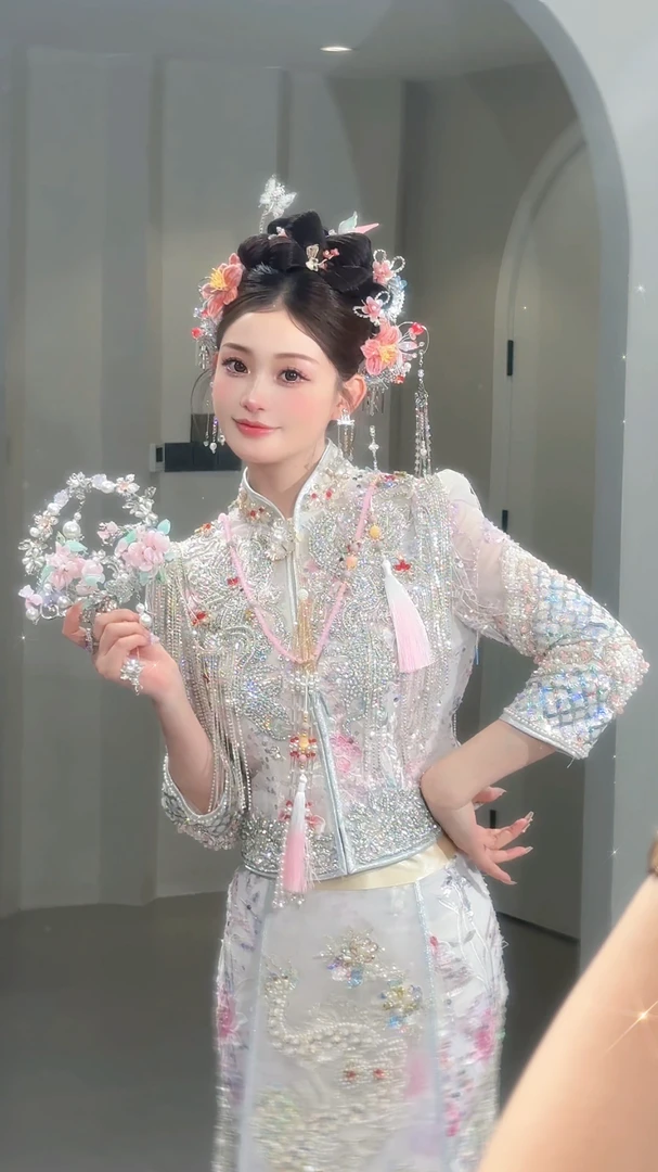 新中式百搭新娘头饰粉色系绒花款001