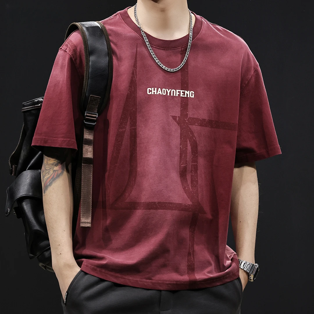 雾感印花设计短袖t恤男士美式潮牌体恤夏季男装潮流宽松休闲上衣