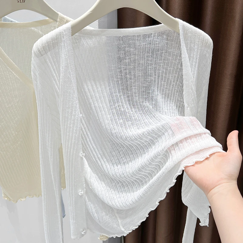 网纱高级设计感白色开衫薄款防晒洋气修身上衣配连衣裙针织外搭