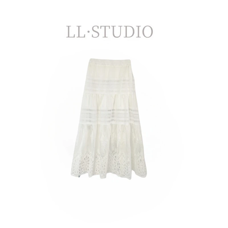 妙兮·LL春季新款时尚显瘦气质镂空钩花蕾丝高腰半身裙*20250011