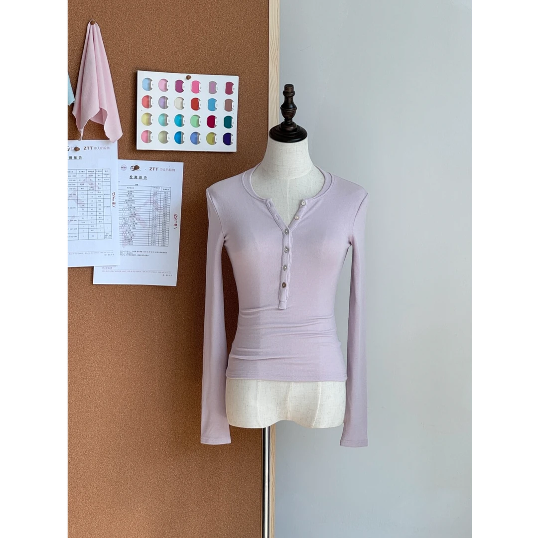 美式复古亨利衫贝壳扣修身显瘦T恤女秋季新款百搭长袖打底衫上衣