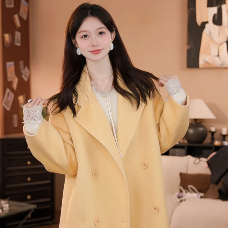 Lu#【织秋】双面羊毛西装领四粒扣通勤韩版大衣