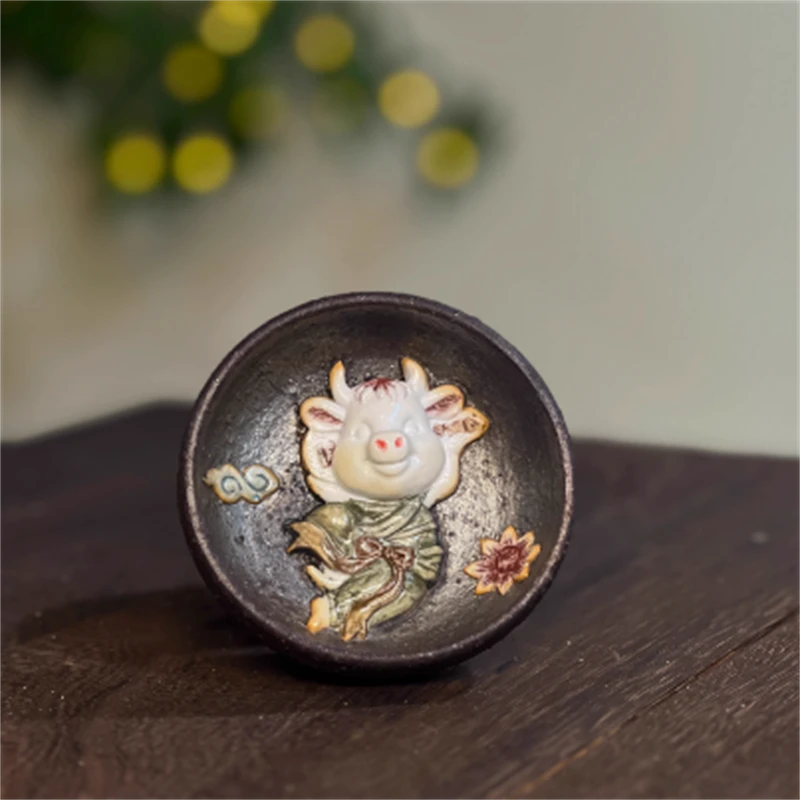 【茗器堂-周锦笔柴烧】敦煌飞天12生肖系列 重工彩绘雕刻主人茶杯
