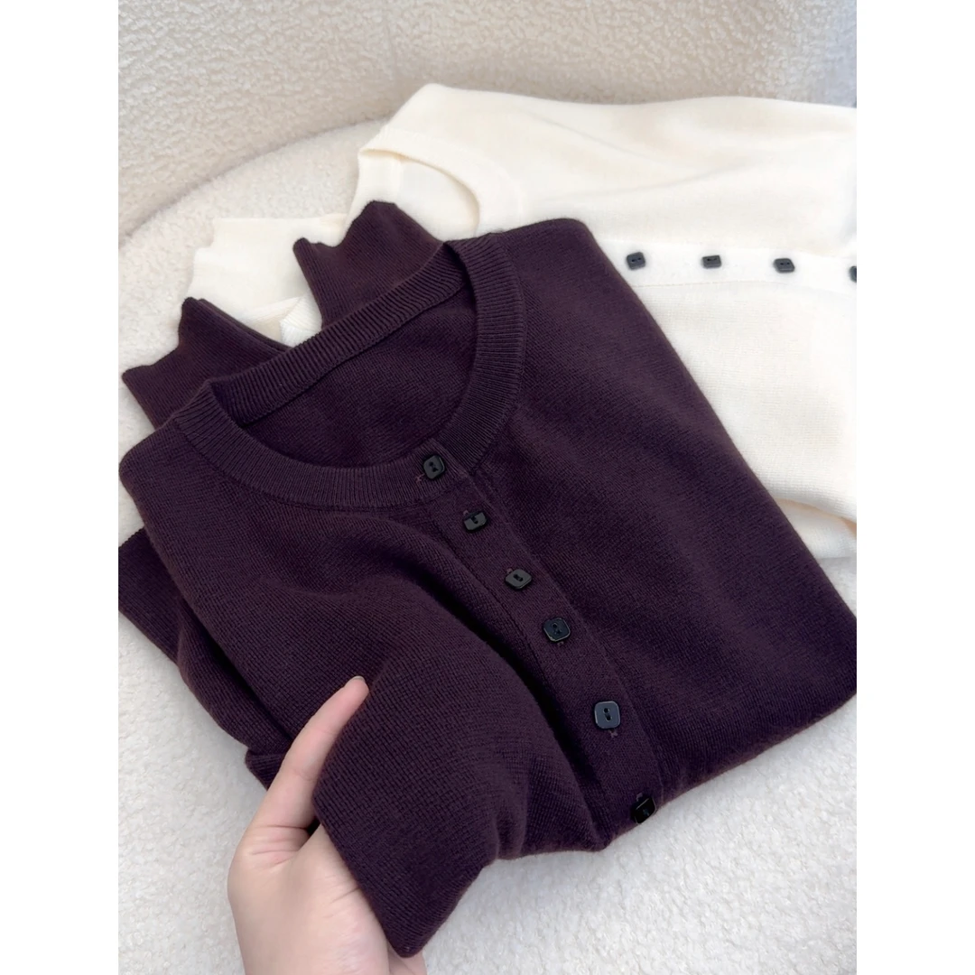 葡萄紫方扣开衫」显白不挑人！圆领纯色百搭宽松毛衣女外套秋冬洋气