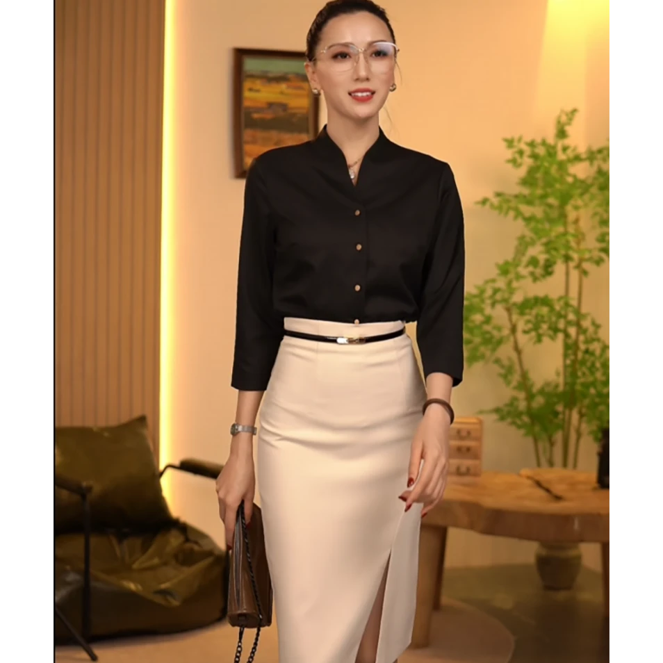 夏季中长款半身裙女2025新款高腰开叉一步裙休闲显瘦西装A字裙