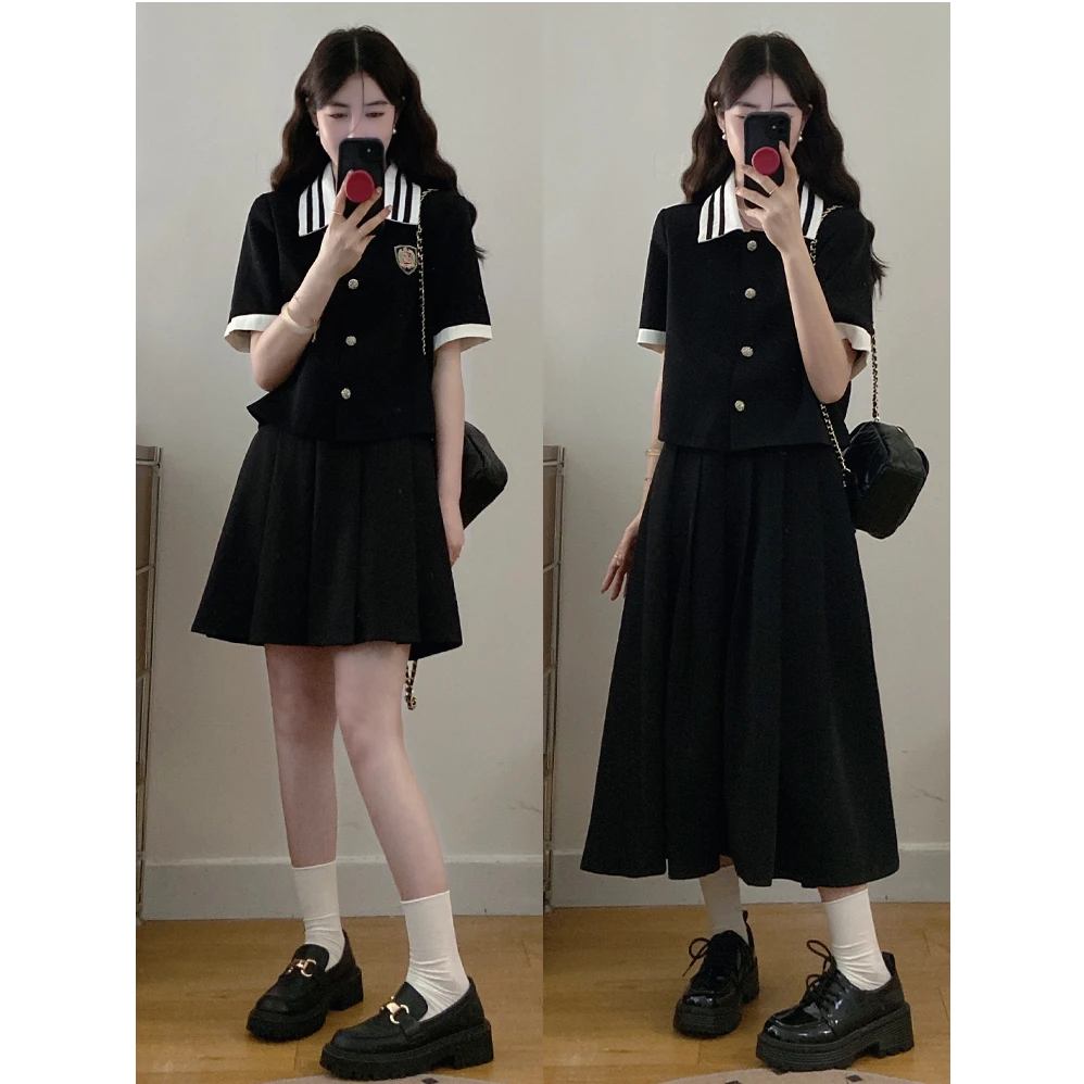 大码女装胖mm夏季新款时尚显瘦拼色外套+百褶长短裙套装