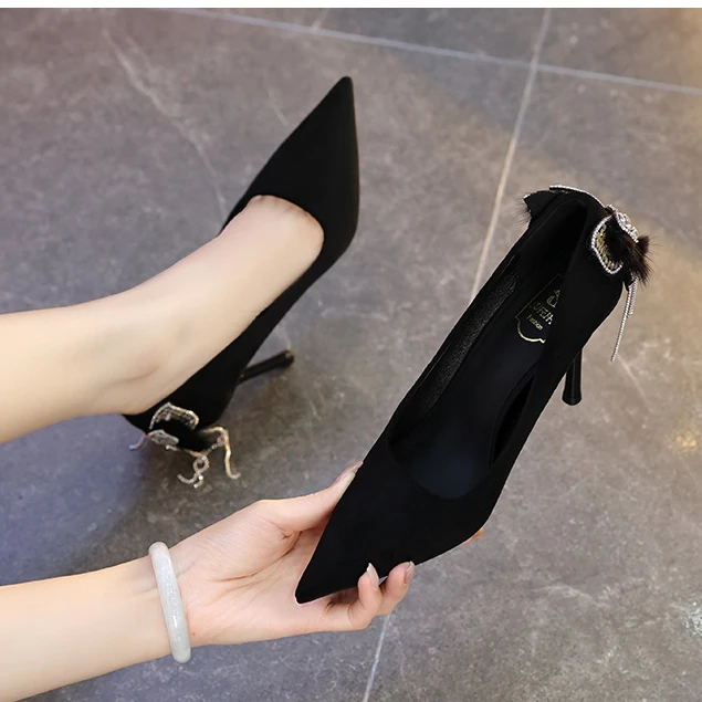 气质尖头职业黑色高跟鞋女细跟2025春夏新款百搭浅口中跟水钻单鞋